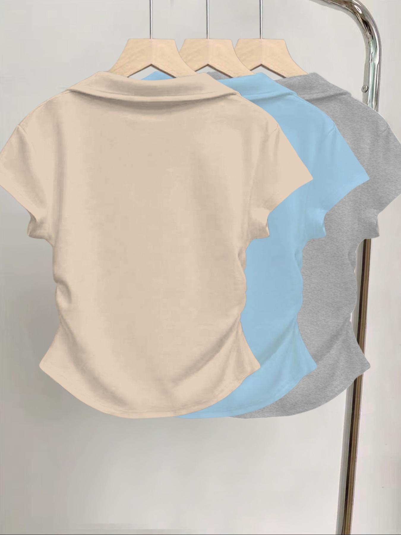 3pcs women's casual fashion butterfly pattern details simple solid color pleated polo collar pullover shirt women's short sleeved three piece T-shirt Polo Shirt Set