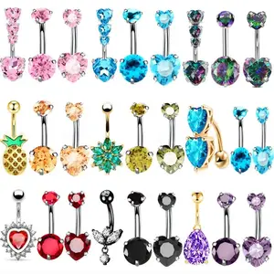 3PCS Heart Crystal Belly Button Piercing Jewelry Set Red Cz Navel Piercing Bulk Flower Belly Rings Pack Piercing Ombligo Lote