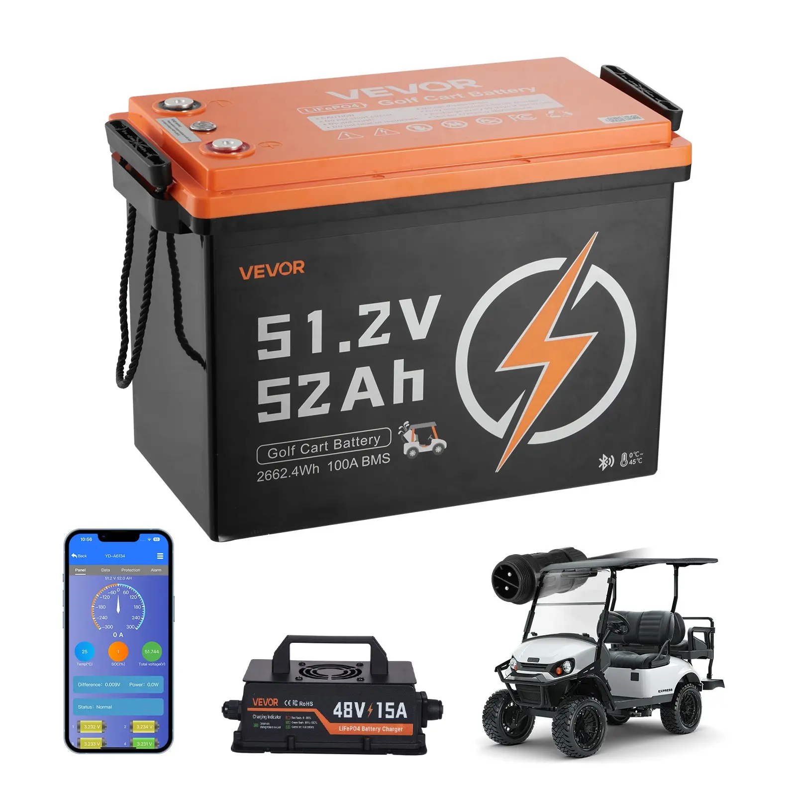 VEVOR 48V (51.2V) 52AH Lithium Golf Cart Battery, with 15A Charger, Lifepo4 Battery Kit, Built-in 100A BMS, 4000 Cycles, 2C Discharge Rate, Bluetooth Mobile APP, for Golf Carts, Trolling Motors