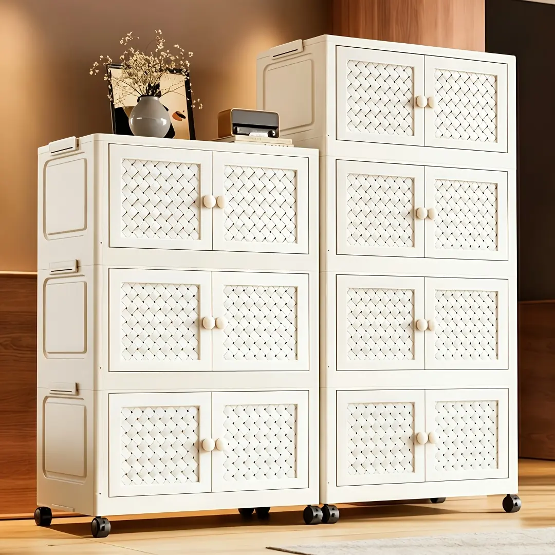 Stackable Plastic Wardrobe Storage Cabinet with Wheels, 3/4/5 Tier Freestanding Closet Organizer with Double Door Drawers, Large Capacity Dustproof Clothes Storage Unit for Bedroom Closet Dorm Apartment, Portable Closet