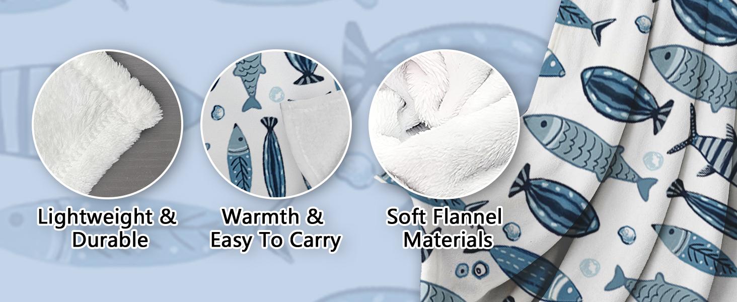 Coastal Blue Fish Theme Flannel Throw Blanket, Sea Ocean Birthday Gifts for Adults Kids Men Women, Beach Nautical Soft Blankets for Bedding Sofa 50" x 60"