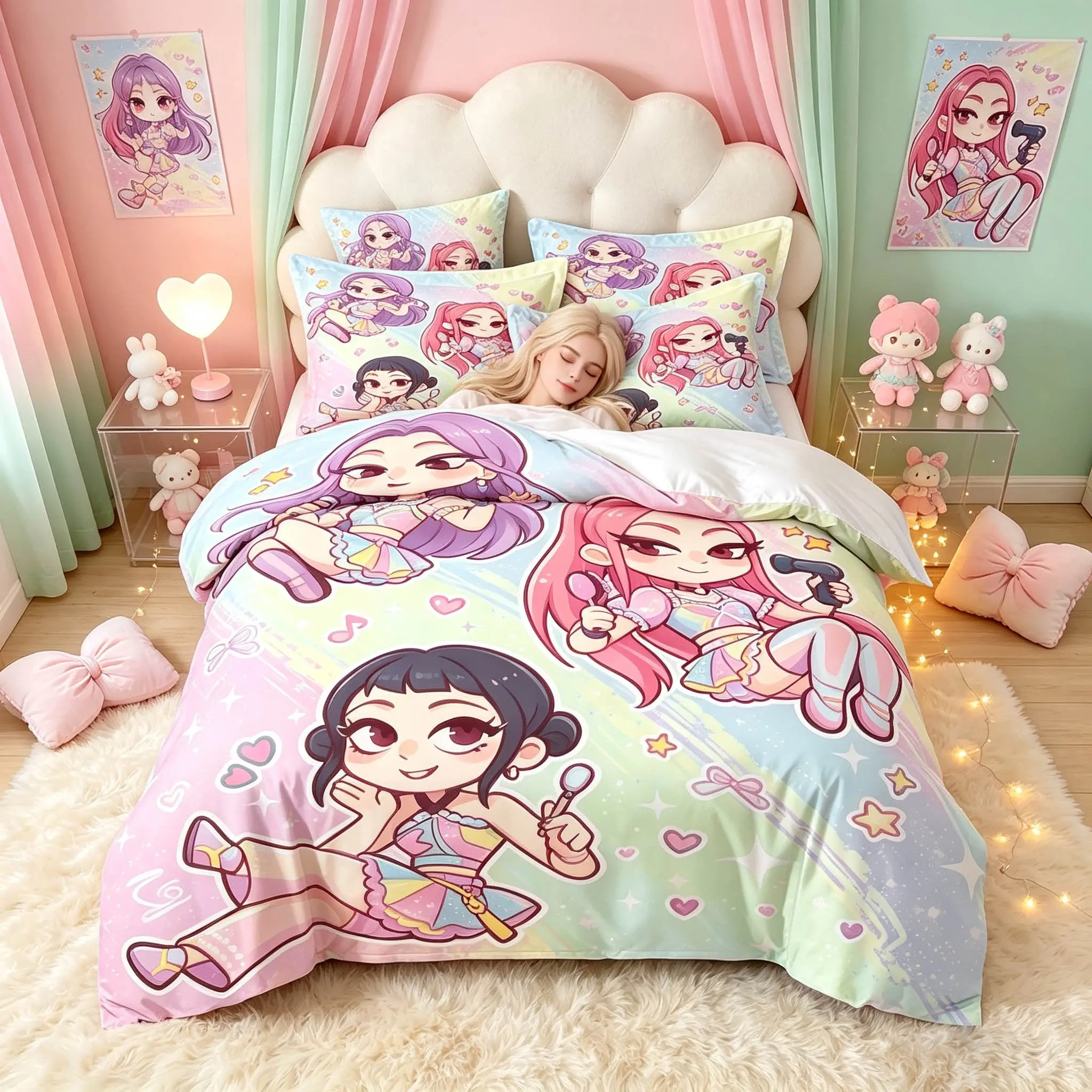 3-Piece Star Girl Pattern Quilt Cover Set, Includes 1 Quilt Cover and 2 Pillowcases, Soft Fabric, Ideal for Bedroom, Hotel, Dormitory