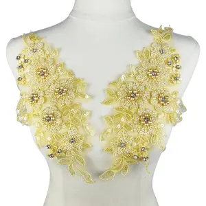 1 Pair 3D Embroidered Lace Sew on Rhinestone Beaded Sequins Flower Patch Applique for Clothing Wedding Dress Decor 12.6 x 6 Inch, Yellow