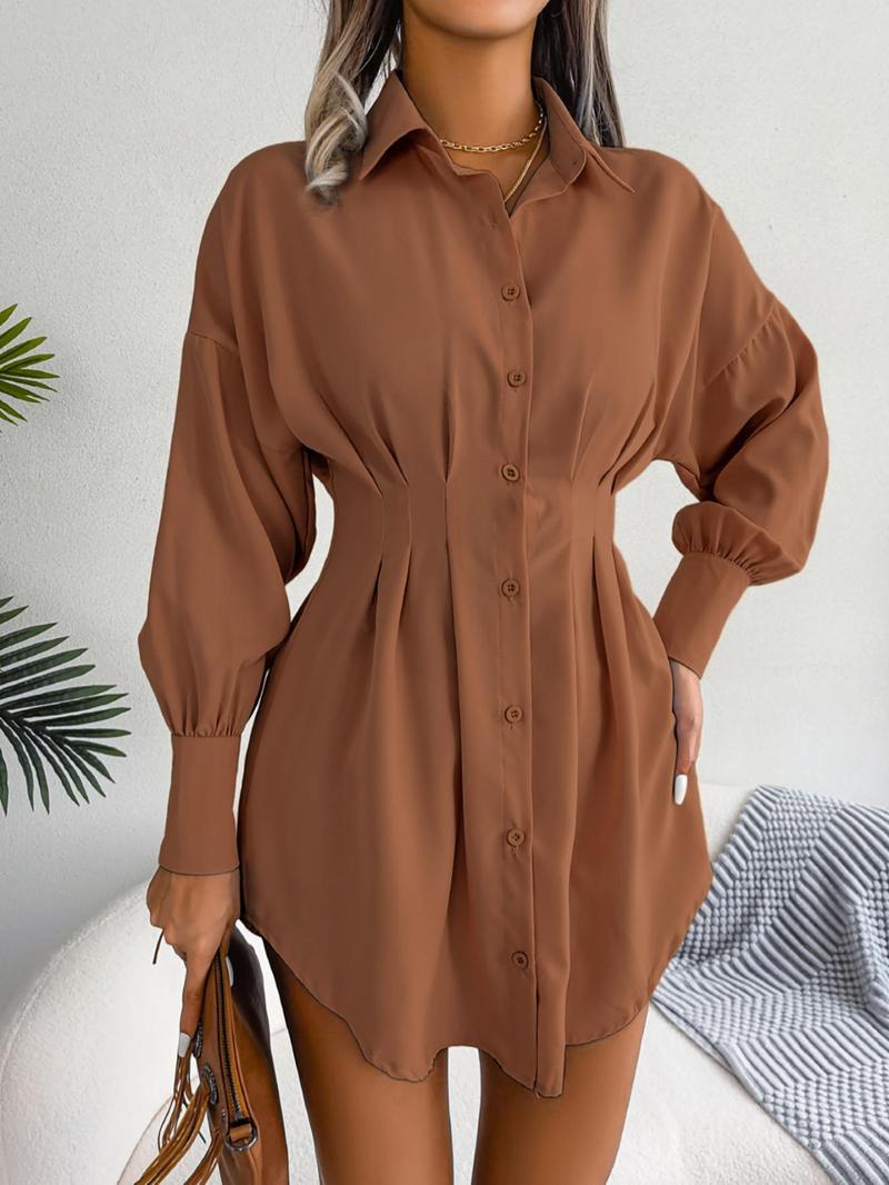 Women's Solid Curved Hem Ruched Button Front Shirt Dress, Casual Comfy Chic Drop Shoulder Long Sleeve Short Dress for Spring & Fall, Women's Clothes, Lady Casual Wear