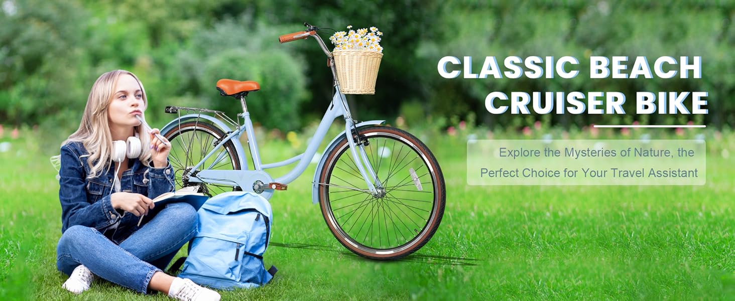 Beach Cruiser Bike for Women, 24 inch 7 Speed Commute Bike for Adults, Women Bicycle with Ratten Basket and Adjustable Seat, Lightweight Step Through Bike for Adults Women Ladies, Light Blue