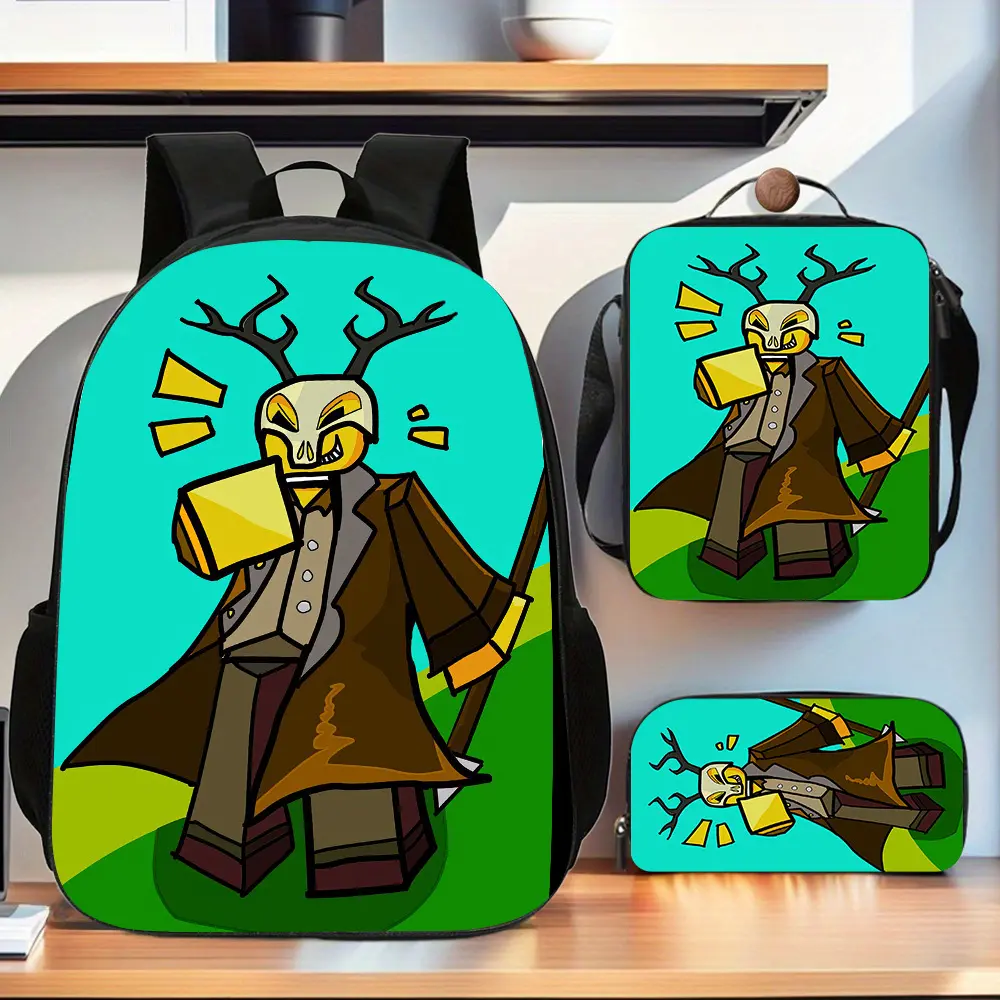 <Forest Night> Antlered Suit Monster Cartoon Backpack Three-Piece Set Durable Oxford Backpack with Lunch Bag and Pencil Case for Daily Use and Short Trips