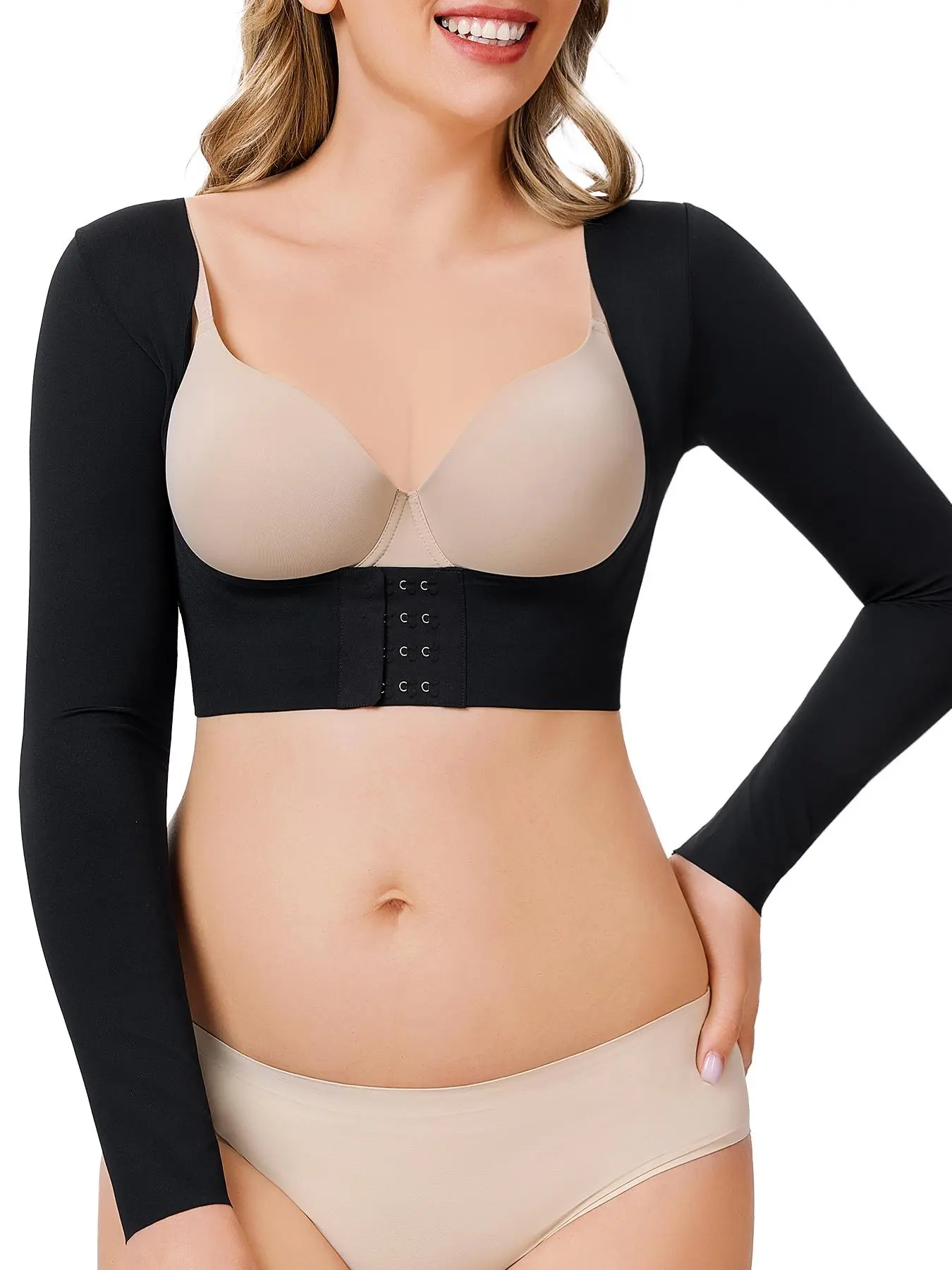 Women's Plain Open Bust Jersey Shapewear Crop Tee, Adjustable Hooks Push Up Chest Long Sleeve Shaper Top, Ladies Shapewear for All Seasons Underwear