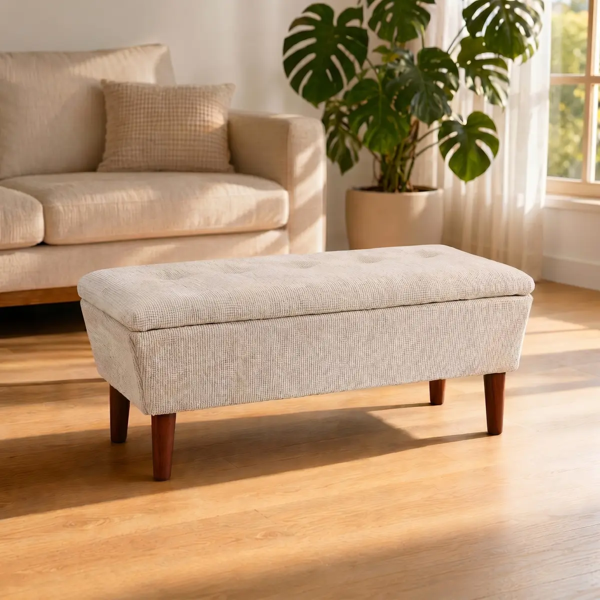 [Fahuac] 42-Inch Rectangular Linen Ottoman Bench with Solid Wood Tapered Legs, Multi-Use Footrest Shoe Bench for Entryway Bedroom Living Room.