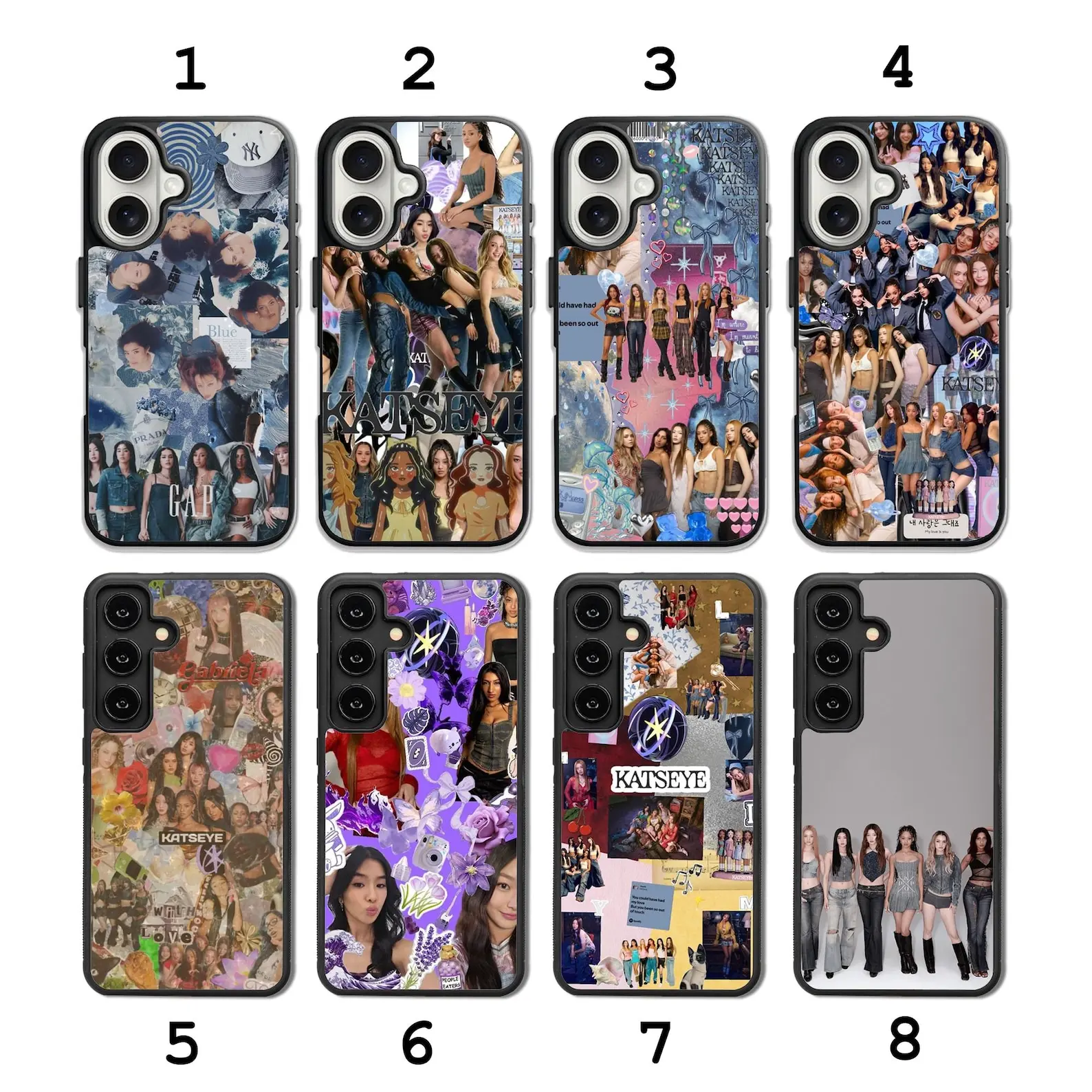 KATSEYE-themed phone cases, compatible with iPhone 11–17 Pro Max/Plus series and Samsung Galaxy S23–S25 series.