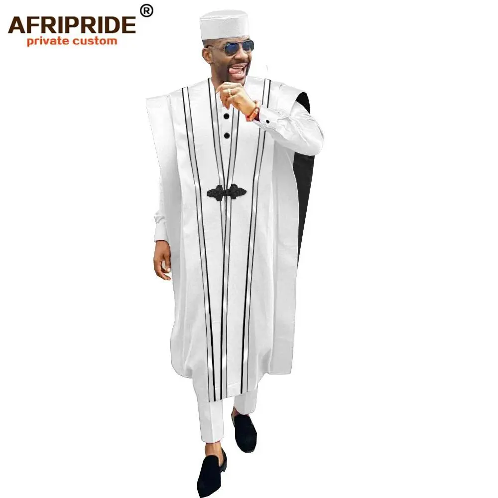 AFRIPRIDE A1816011 Men's 4-Piece Menswear Set - African Agbada Robe, Dashiki Shirt, Ankara Print Pants, Tribal Hat - Polyester Clothes, Full Length, Multi-Size for Wedding Evening Events