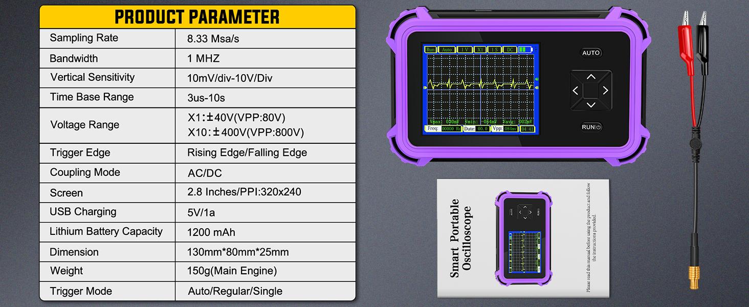 Oscilloscope, 2.8" TFT Oscilloscope, 1MHz Bandwidth, 8.33MSa/s Sampling Rate, Auto/Normal/Single Trigger Modes, for Home & Automotive Use