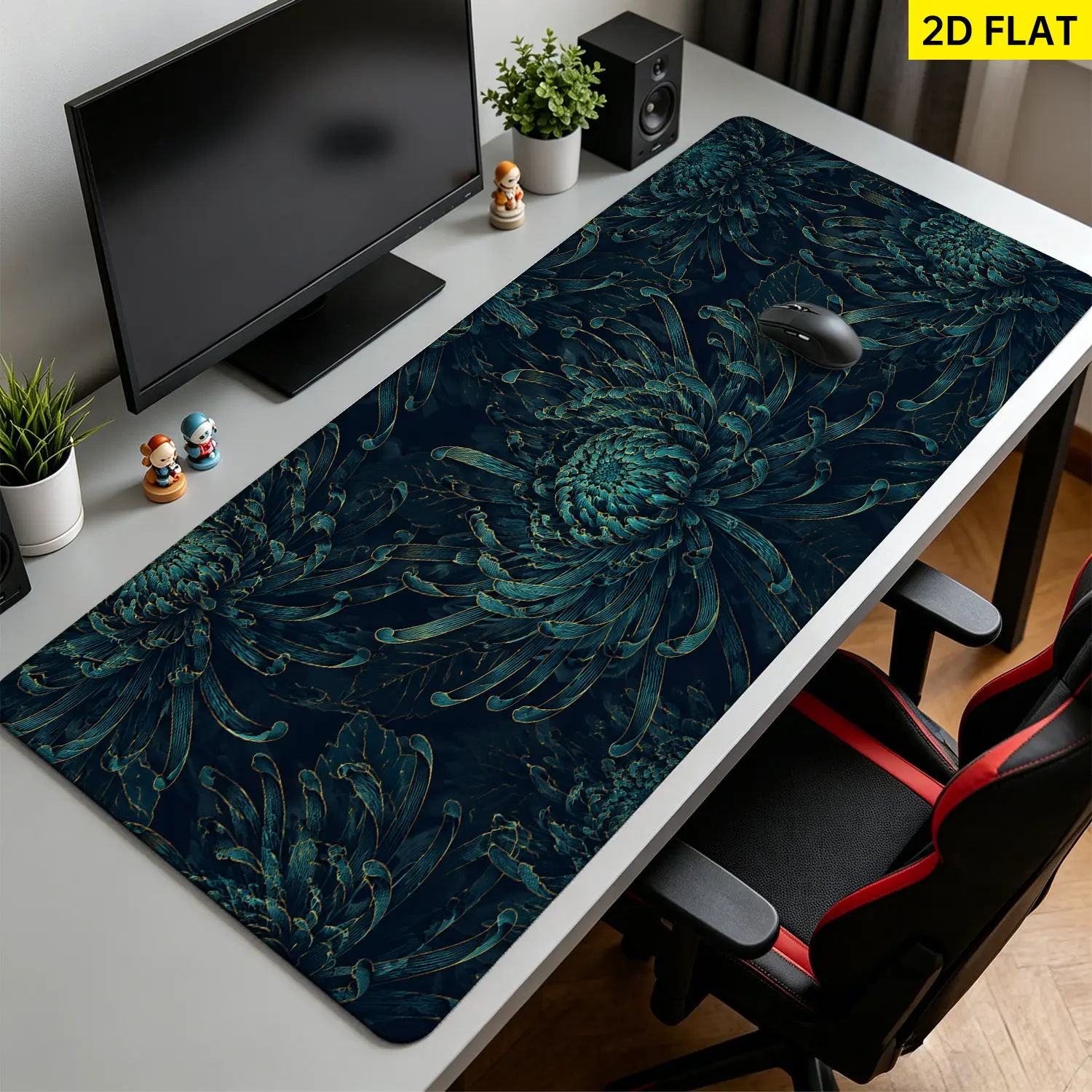 Extra Large vintage teal chrysanthemum flower Mouse Pad,Non Slip Rubber Pad,Desktop Decoration Drotection Pad,Washable,Lock Edge Multi Size,Premium Multipurpose Mousepad For Home,Office,Gift for Family and Friends
