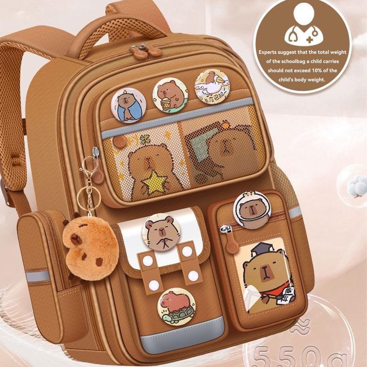 Cartoon Bear Pattern Backpack, 1 Count Large Capacity Waterproof with 6 Counts Badge & 3 Counts Cards & 1 Count Plush Pendant, Cute Versatile Backpack, Wear-resistant and Dirt-resistant Backpack for Students