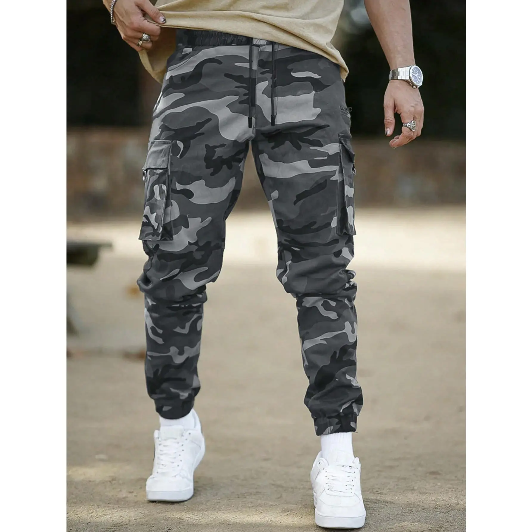 Men Camo Print Flap Pocket Cargo Pants, Camo Joggers, Men Camouflage Pants, Men Cargo, For Fall