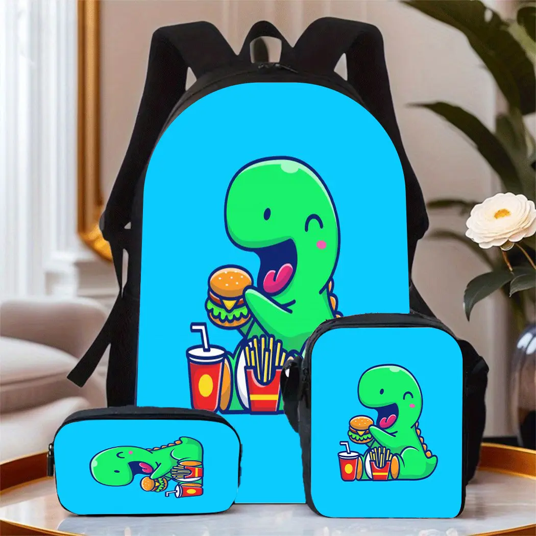 Cute Green Cartoon Dinosaur Fast Food Burger Soda Fries 3Pcs Backpack Set, 2D Flat Print Waterproof Oxford Backpack + Insulated Lunch Bag + Pencil Case, Full Print Kids Cartoon Storage Kit For Toddlers Boys School Travel Daily Use