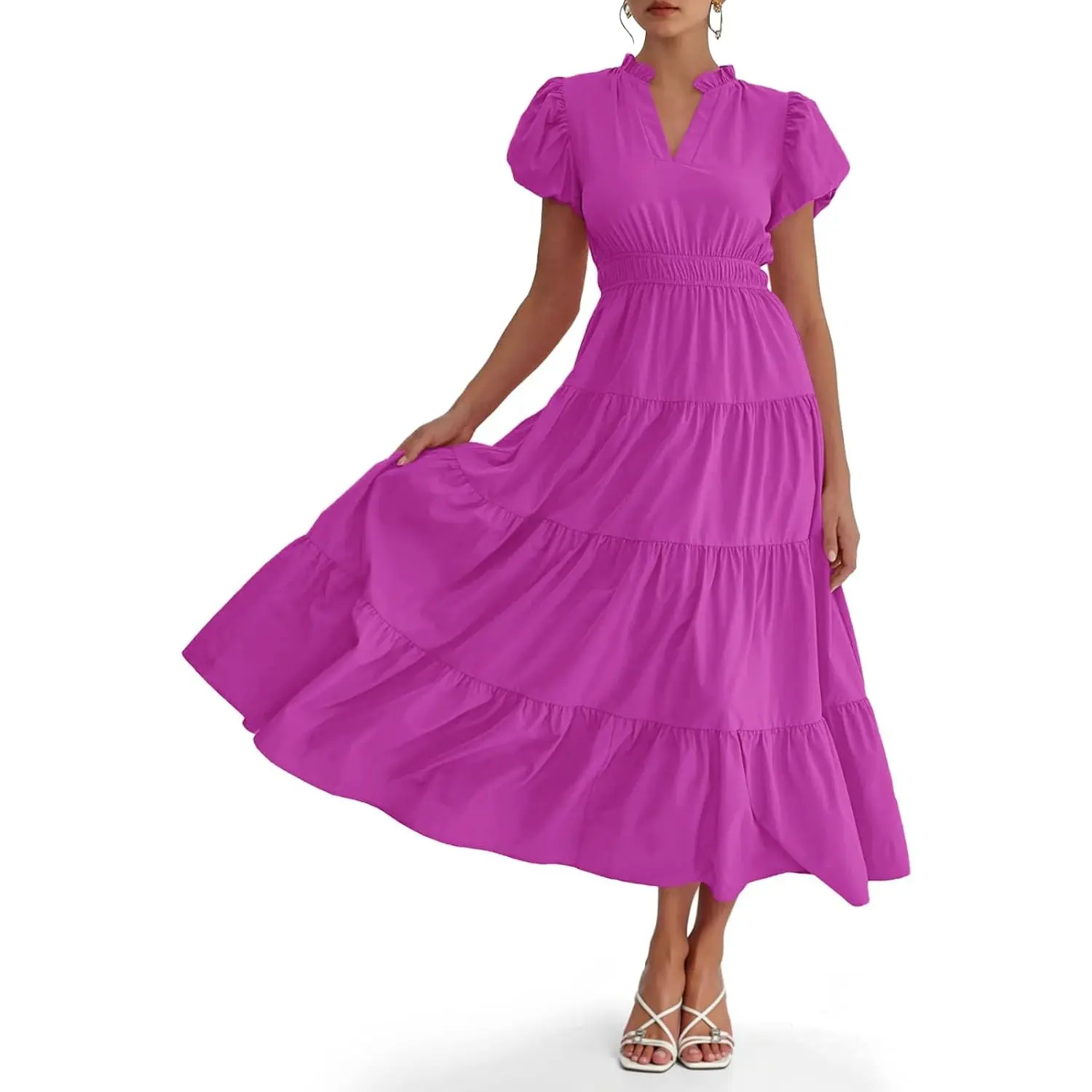 Wenrine Women's Summer Midi Dress Puff Short Sleeve V Neck Flowy Tiered Beach A-Line Dresses
