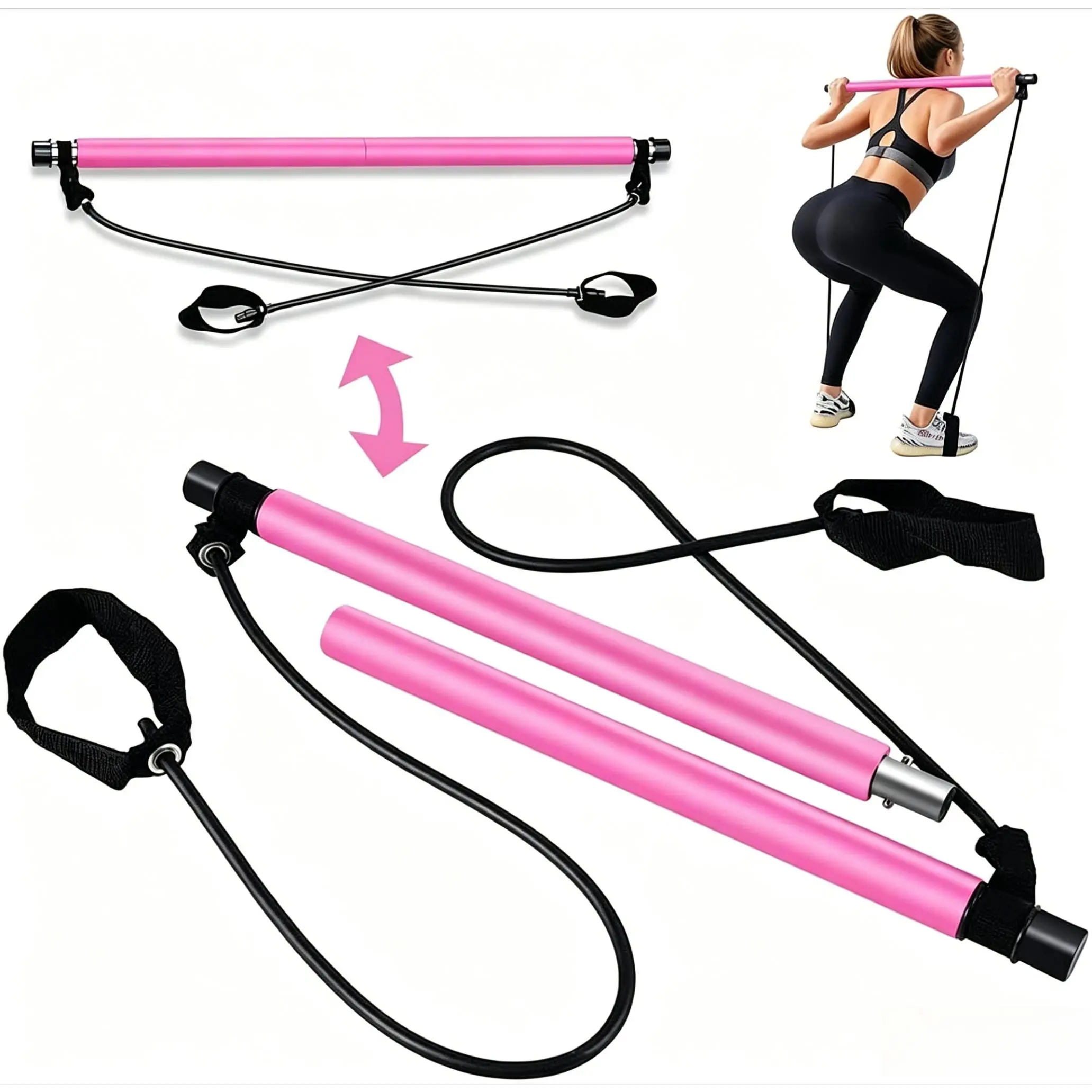 Pilates Bar Kit with Resistance Bands, Detachable Multifunctional Yoga Pilates Bar, Portable Home Gym Resistance Bar, Full-Body Workout Pilates Equipment, Adjustable Stretch Fitness Training Gear for Women & Men Home Workouts