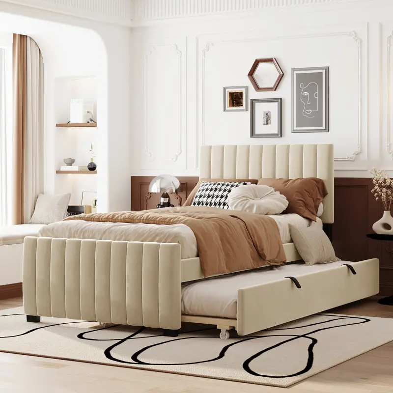 Twin Size Bed with Trundle,Velvet Upholstered Twin Platform Bed with Tufted Headboard for Bedroom, No Box Spring Needed, Beige
