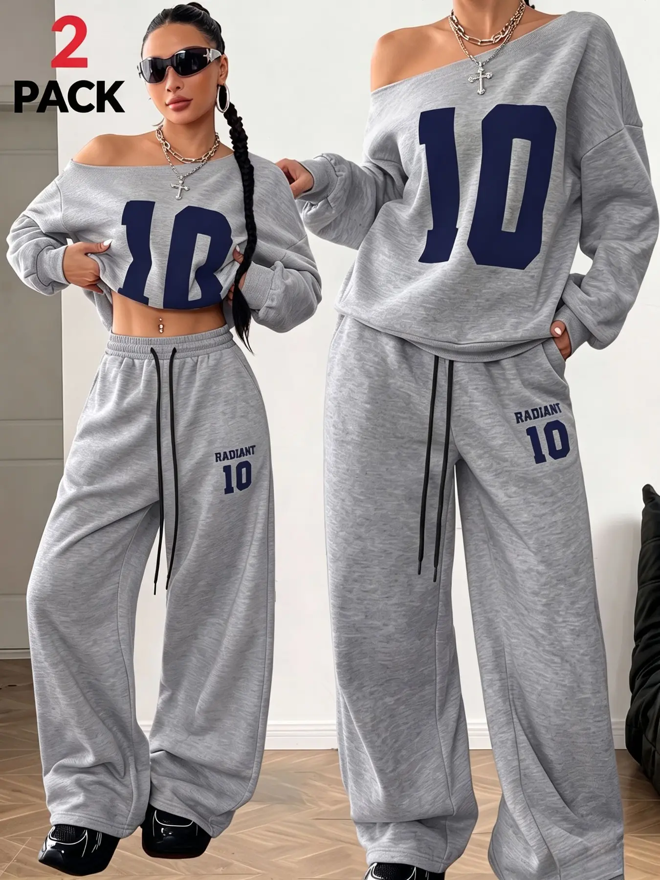 Women Heather Grey Off Shoulder 10 Number Print Co-ords Two Piece Outfit Set, Loose Long Sleeve Boat Neck Top And Drawstring Wide Leg Sweatpants Tracksuit, Casual Oversized Matching Loungewear Suit, Y2K Coquette Streetwear Aesthetic Matching Sets, Trendy