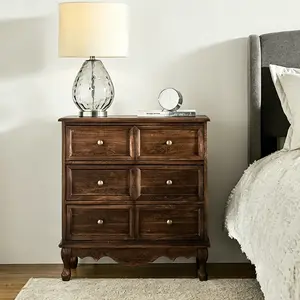 30'' Tall End Table 3-Drawer Farmhouse Cabinet/Nightstand with Built-in Power Strip, Faux Six-Drawer, Solid Wood Legs & Adjustable Feet