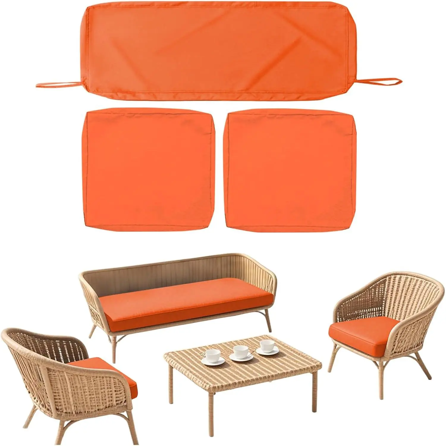Thick Waterproof 3Pcs Cushion Covers - Spill-Safe Zip On/Off Fast Covers, 4-Pieces Fit 4pc Set for 4-Seat Wicker Rattan Chair Loveseat, Sizes: 42x18x2in, 18x18x2in, Orange, 4Pc Set For 4 Seats