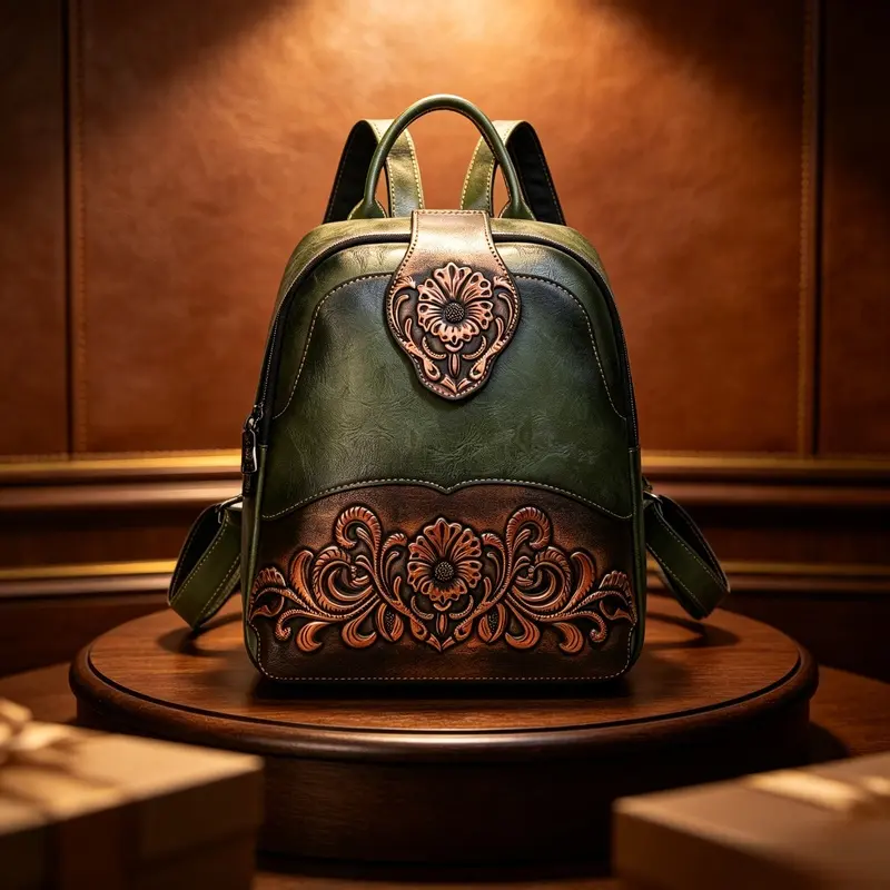 Women's vintage handmade floral leather backpack, vintage embossed backpack, multi pocket travel day bag, casual anti-theft shoulder bag, with top handle, suitable for daily outdoor and weekend travel