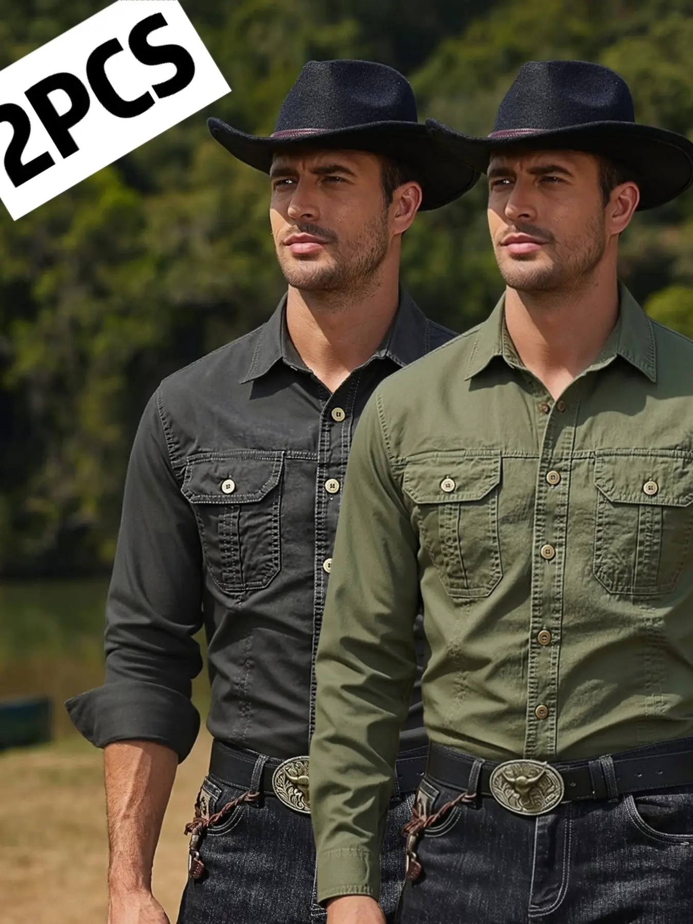 Men's Western Cowboy Long Sleeve Work Shirt Set Top, Soft Washed Dual Chest Pockets, Vintage Metal Button Collar, Ideal for Ranch Riding & Outdoor Activities