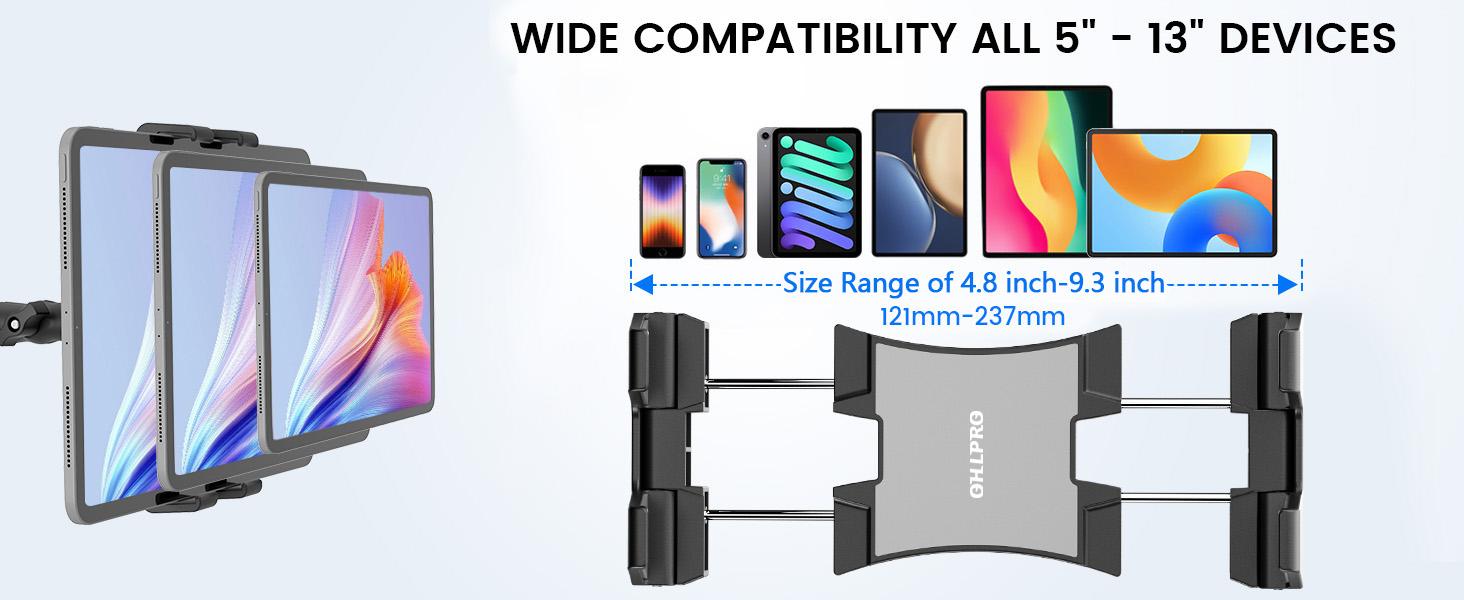 OHLPRO tablet stand is suitable for dashboards and windshields, the upgraded version features an adjustable clamp with a telescopic arm, compatible with 5- 13inch iPad Pro/Air/Mini, Galaxy Tab, Kindle Fire, Surface