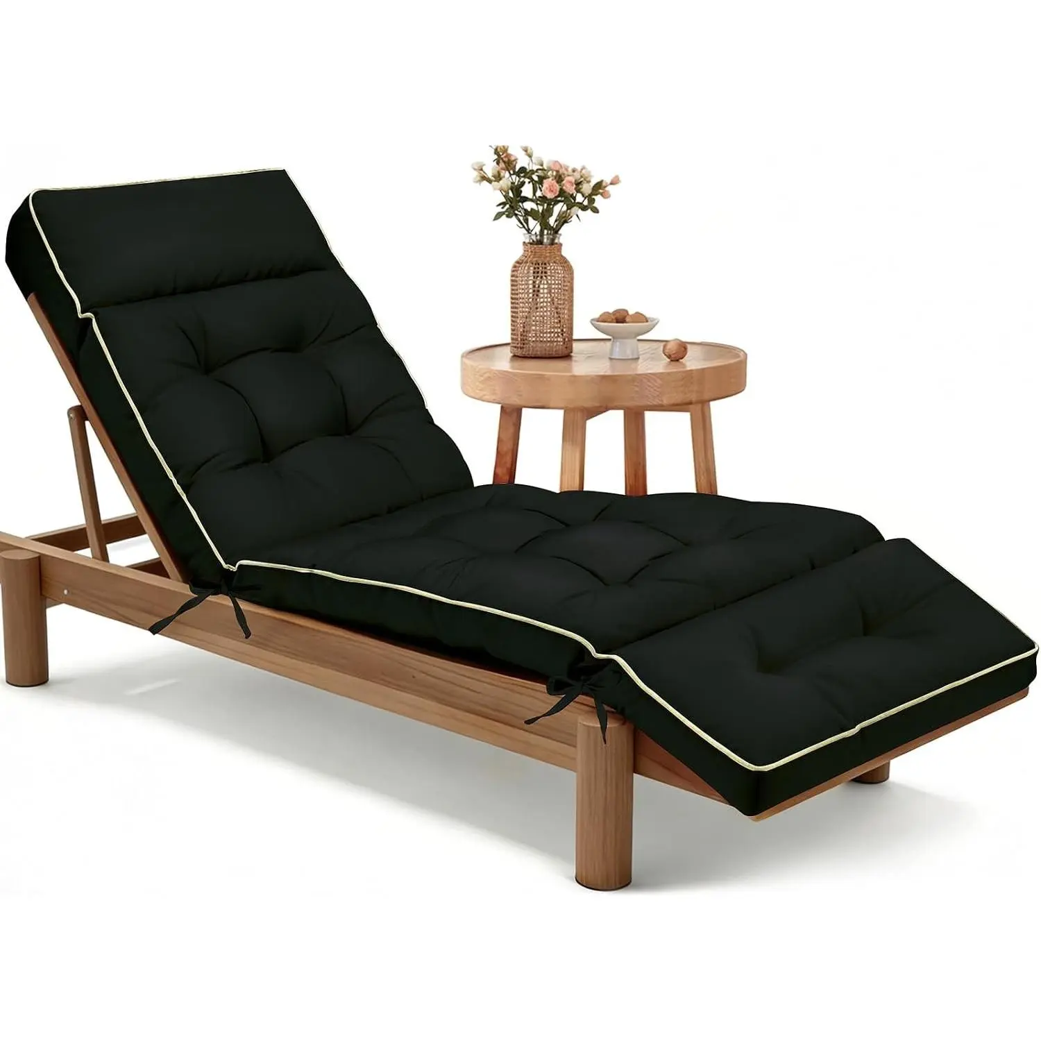 Chaise Lounge Cushion Outdoor, Memory Foam Patio Lounge Chair Cushion with Ties for Indoor Outdoor Furniture, Waterproof Replacement Long Chair Cushion (Black)