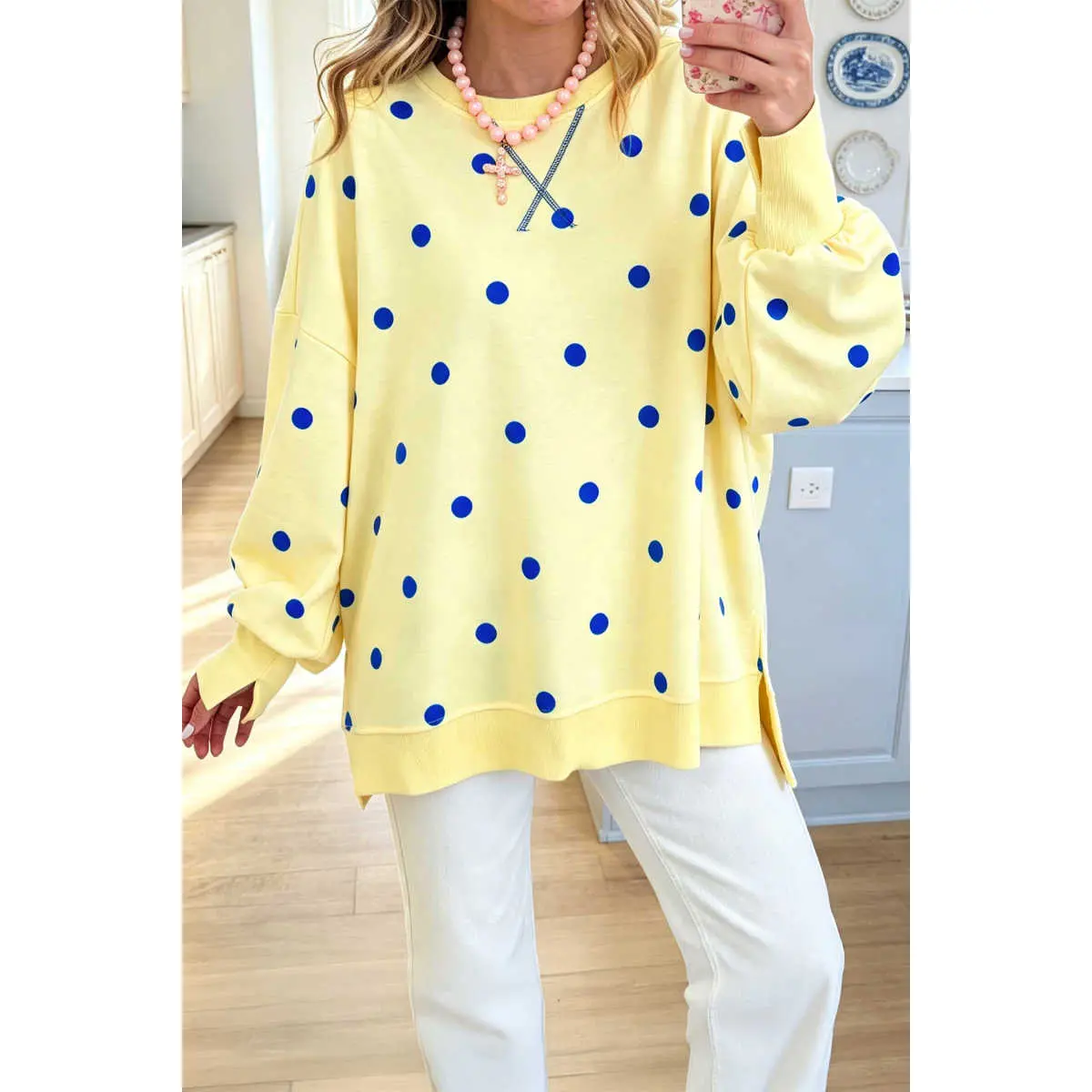 Women Polka Dot Sweatshirt Oversized Graphic Crewneck Long Sleeve Pullover Y2K Casual Yellow Polka Dot Loose Long Sleeve Split Hem Pullover Top