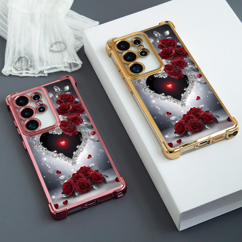 Heart Rose Pattern Phone Case for iPhone 17 Pro Max 16 15 Plus 14 13 12 11 Pro, Four Corners Airbags Shockproof Transparent Soft Back Casing
