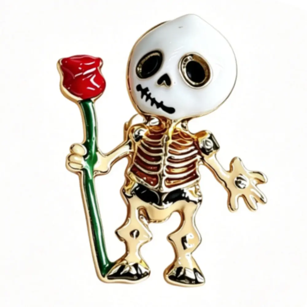 Unisex Skeleton With Red Rose Brooch Halloween Enamel Lapel Pin Gothic Coat Accessory Holiday Gift