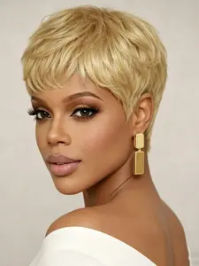 613 Blonde Layered Pixie Human Hair Wig, Short Bob with Bang, Casual Style, Curly Hair, No Ca Prop, Perfect for Women
