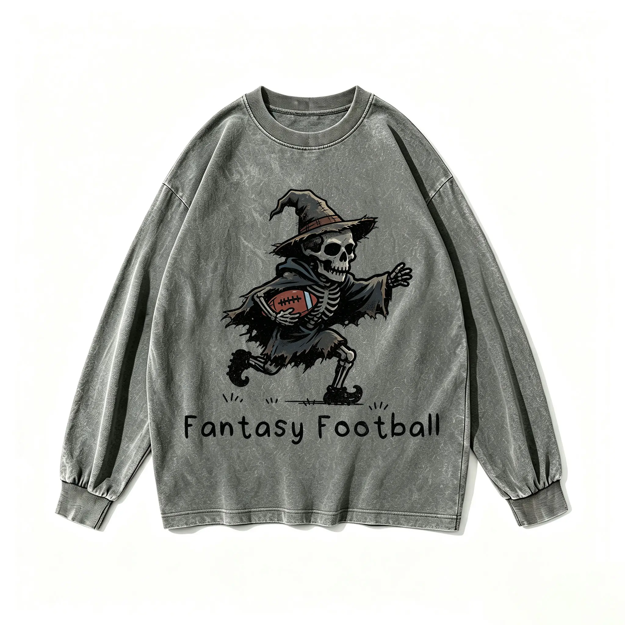 Fantasy Football Sweatshirt, Funny Skeleton Witch Football Shirt, Vintage Wash Grey Pullover, Spooky Season Game Day Top,Spooky Season Halloween Long Sleeve
