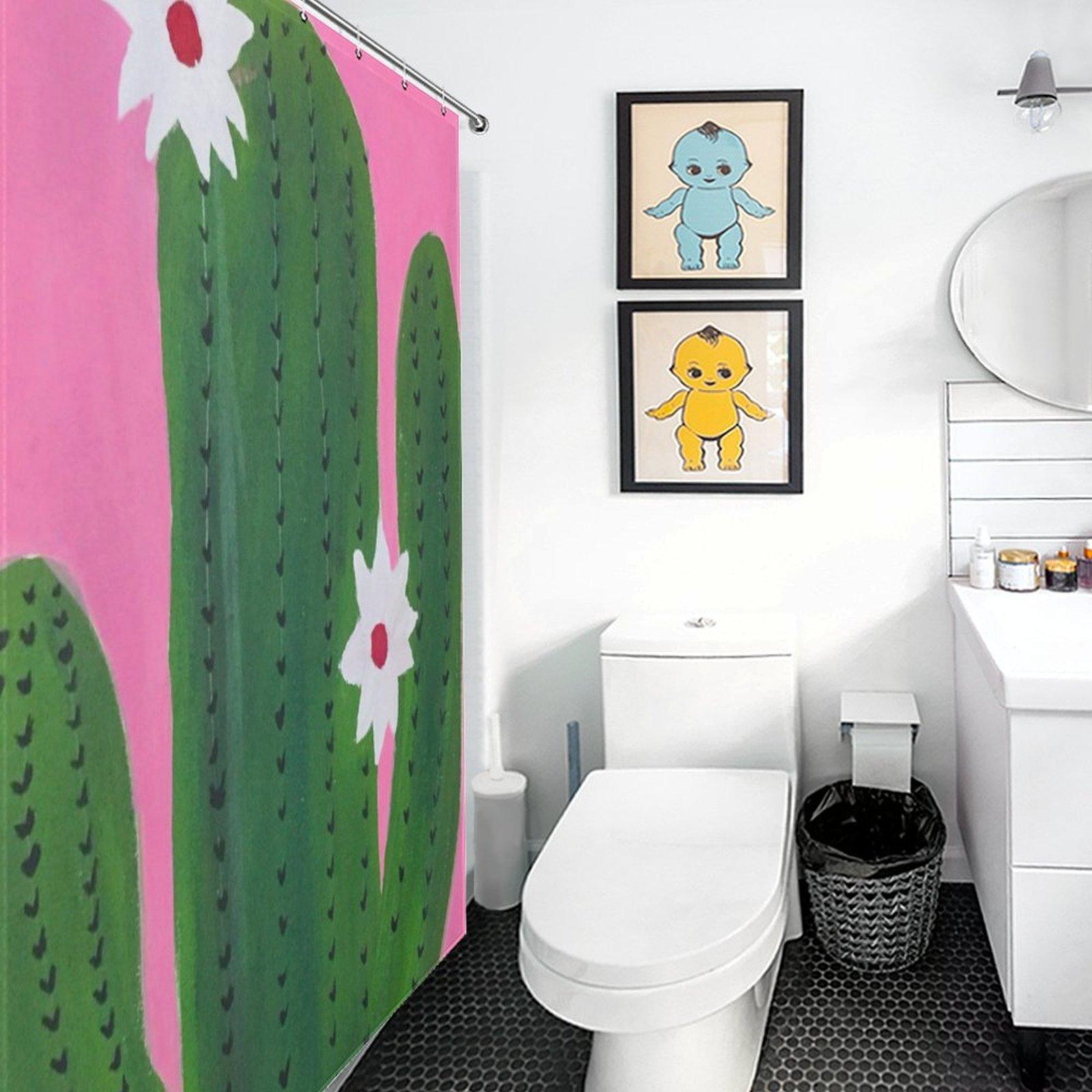 Boho Cactus Flower Print Shower Curtain, Pink Green Waterproof Bath Curtain, Southwest Desert Aesthetic Bathroom Decor, Cute Cactus Bath Accessory with Hooks