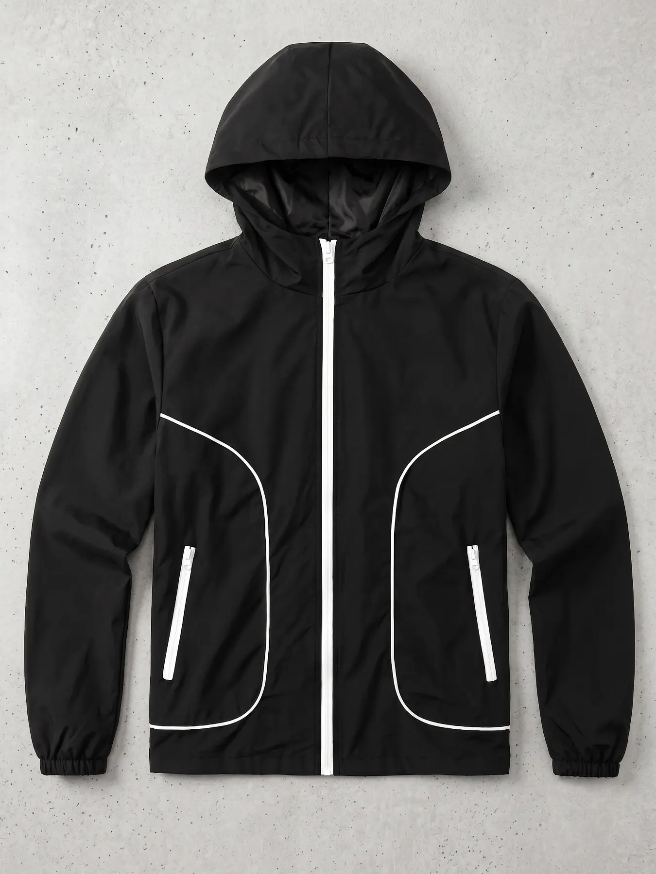Men's Full Zip Hooded Windbreaker Jacket, White Contrast Piping Lightweight Windproof Athletic Track Coat with Zipper Side Pockets Elastic Cuffs, Casual Outdoor Running Sport Outerwear, Windproof Hiking Jacket