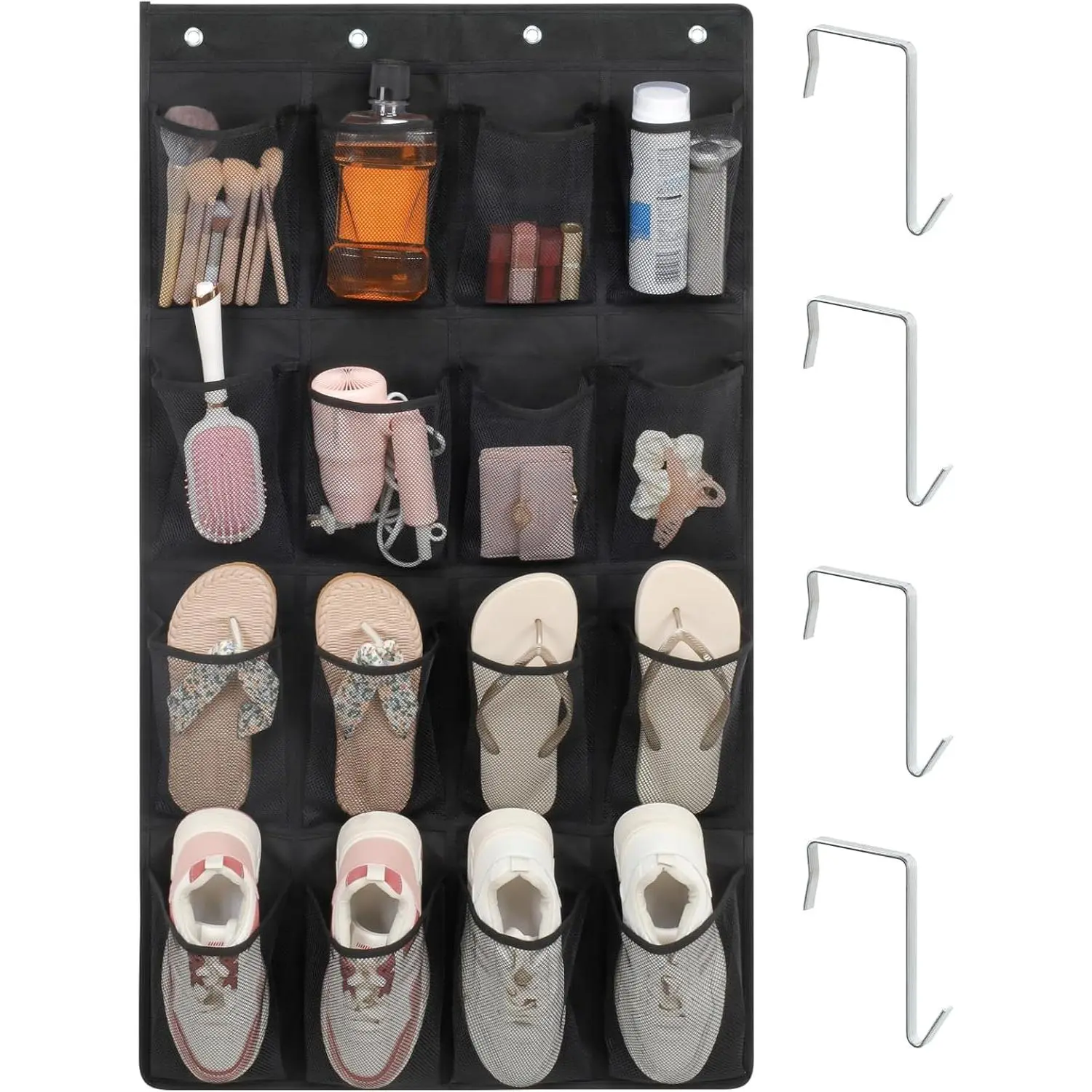 16-Pocket Over the Door Storage Organizer for Travelers & Standard Doors, Tool-Free Mount with 4 Metal Hooks, See-Through Mesh Pockets, Lightweight, Foldable, Space-Saving for Cruise & Daily Use