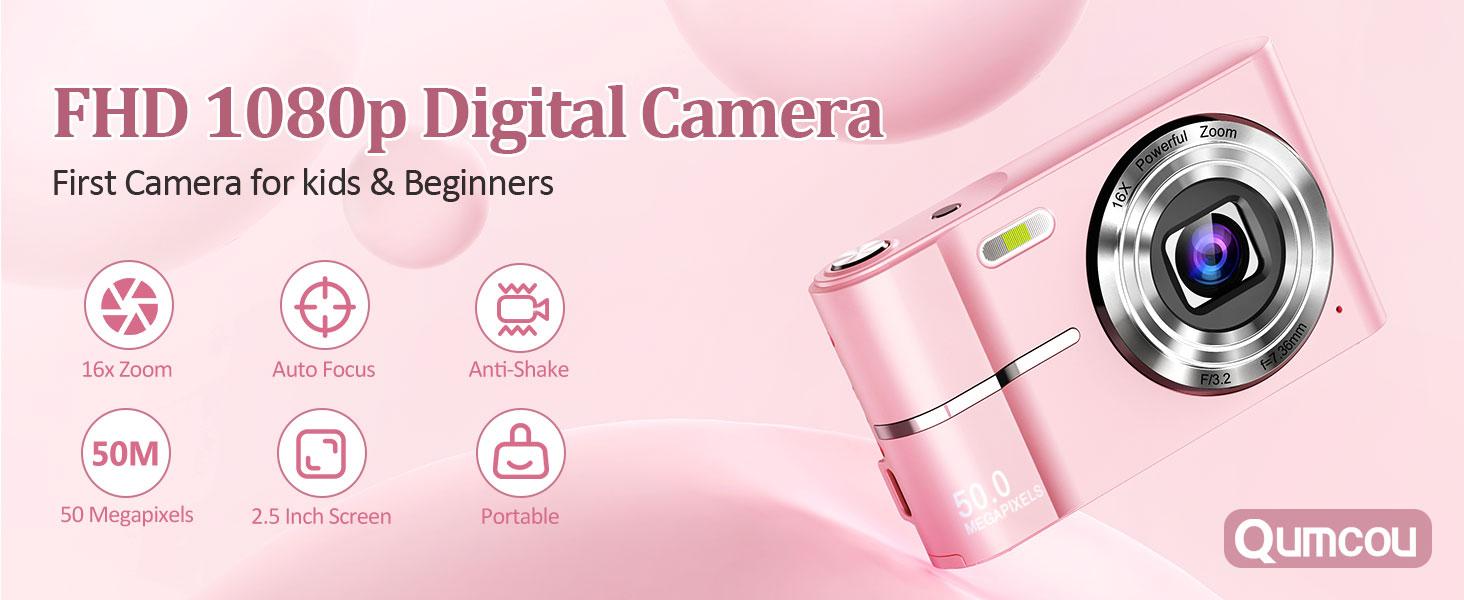 Digital Camera, FHD 1080P Digital Point and Shoot Camera with 16X Zoom Anti Shake, Compact Portable Small for Girls Boys Teen Student Cameras with 32GB Card, 2 Batteries