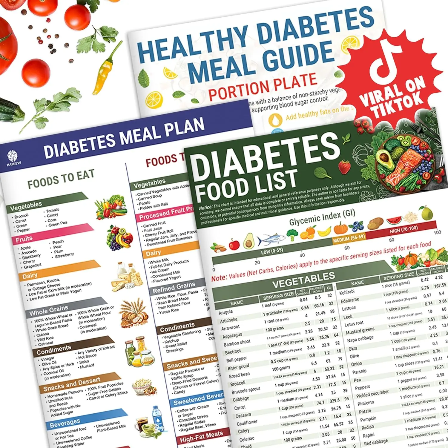 HAMIEW 3-piece diabetes diet list and menu planning sheet, 400+kinds of food sugar index, net carbohydrate content, weight labeling, 100+meal ideas, 28 novice friendly recipes for type 1, type 2 diabetes and pre diabetes