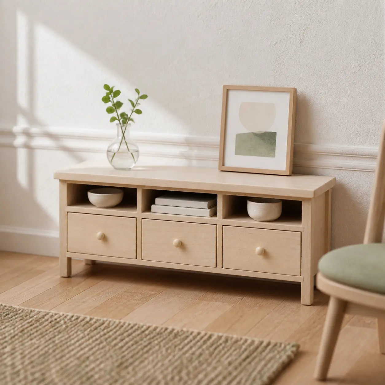 Miniature Dollhouse 3-Drawer Console Table Sideboard, Pale Natural-Finish 3-Cubby Storage Cabinet Furniture for DIY Scenes