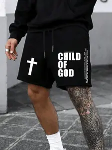 Young Men Religious Streetwear Shorts - Cross & Text Print+Casual Shorts Only - Daily Urban Style+All Season+Versatile Bottoms