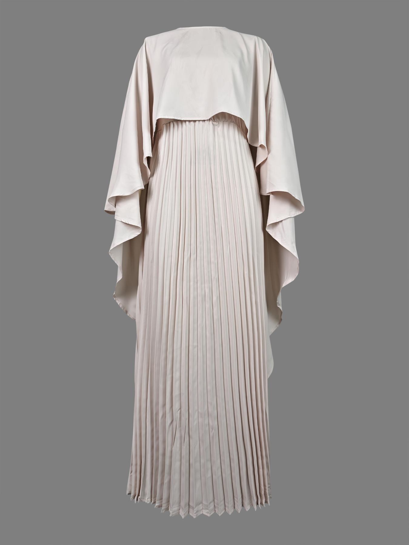 Women's Plain Pleated Cloak Sleeve Maxi Dress, Elegant Round Neck Dress for Party Holiday Wedding Guest, Ladies Spring & Fall Clothes， Valentine's Day Gift for Girl