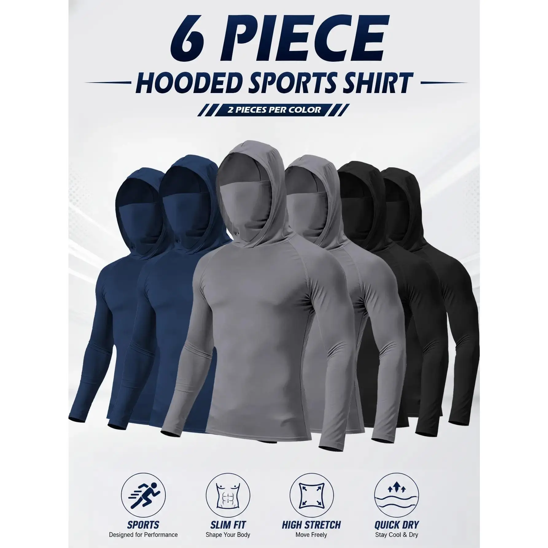 Men's 6-Pack Hooded Fitted Compression Shirts with Face Cover - Menswear, Crew Neck, UPF 50+ Sun Protection, 4-Way Stretch, Quick Dry Long Sleeve, All Seasons, Graphic Print for Fishing, Hiking, Outdoor Sports