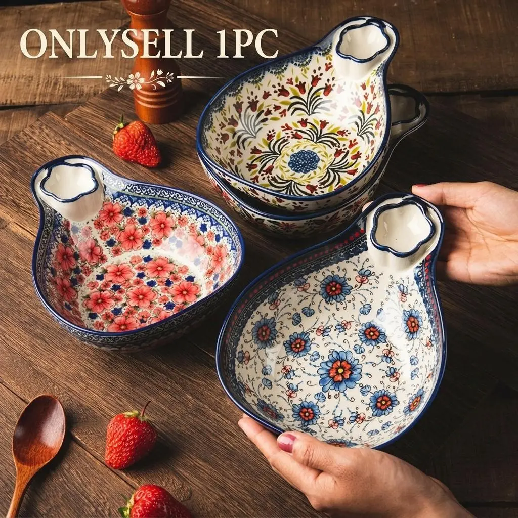 Polish Style Ceramic Dumpling Plate with Hand-Painted Relief, Underglaze Color Decorative Tray, Multi-Purpose Serving Dish for Parties & Home