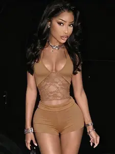 Hot girl Lace Halter Neck Top and Super Short Pants Set, Perfect for Dates, Vacations, Parties, Fashionable and Stylish