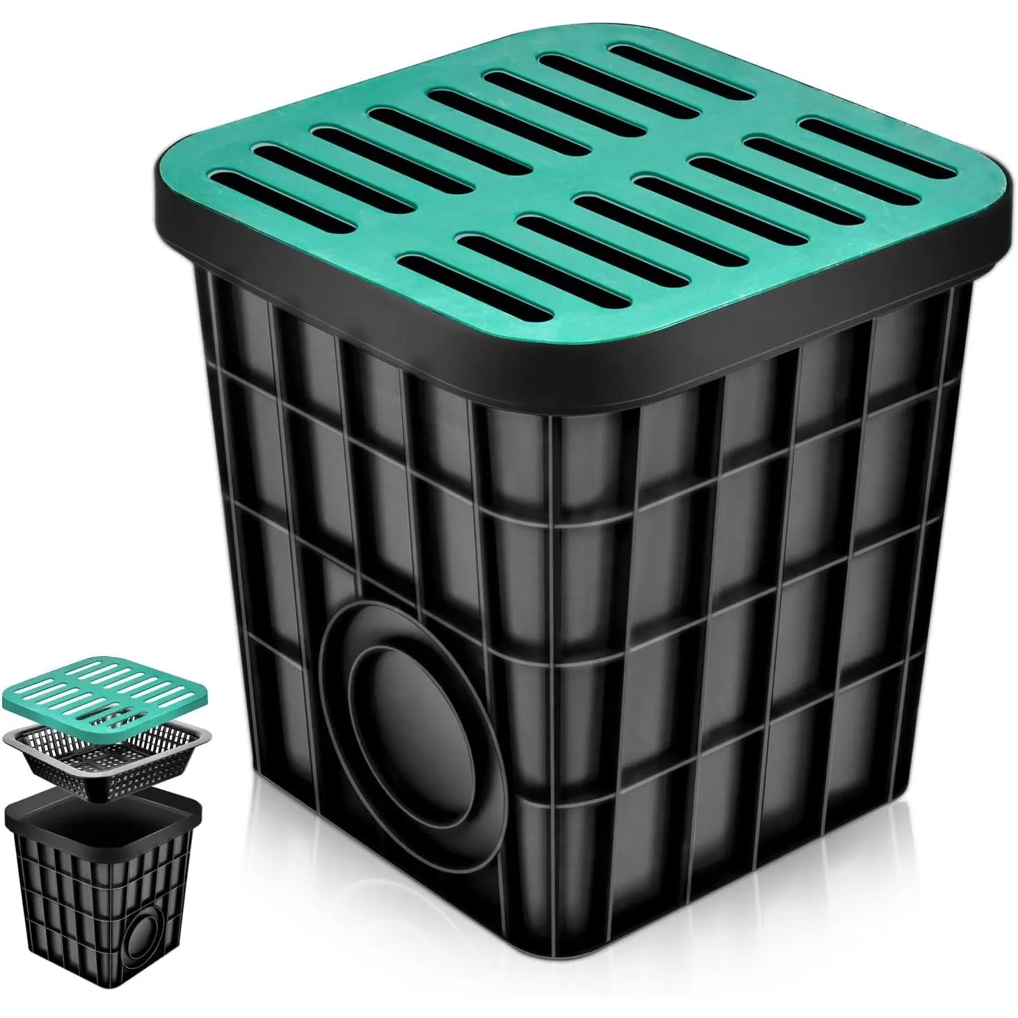 Large Drainage Catch Basin with Debris Basket, Durable 16x16x16 in  Drain Basin with Fiberglass Grate, No Reserved Hole for Yard, Patios, Downspouts, Lawns