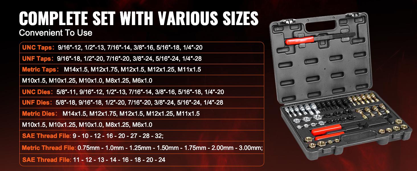 VEVOR Thread Chaser Set - 49-Piece UNC UNF and Metric Thread Restorer Tool Rethreading Tool Kit with 22 Taps 24 Dies 3 Thread Files Storage Case Heat Treated Steel for Mechanics DIY Enthusiasts