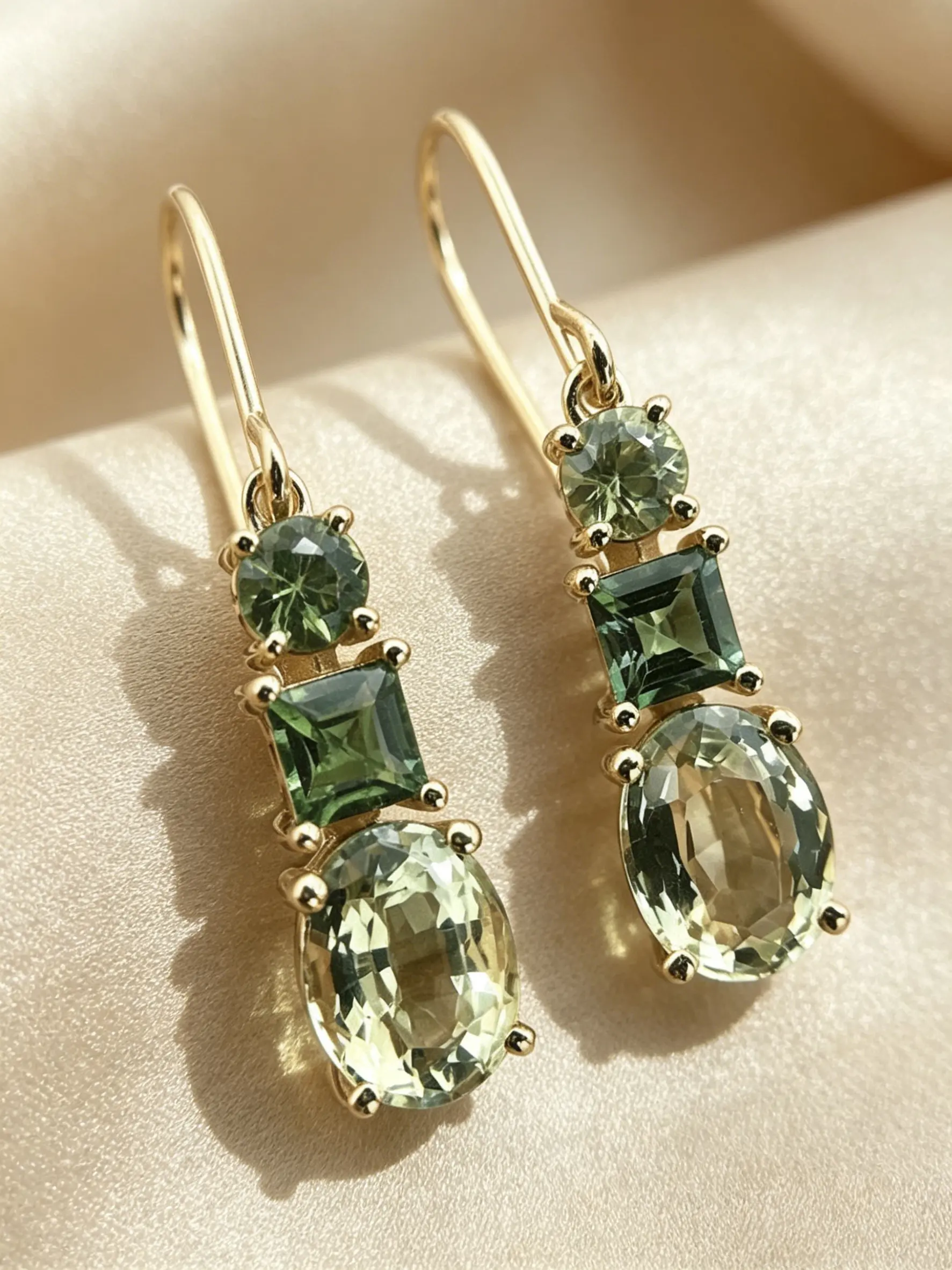 18K Gold Plated Long Drop Fish Hook Earrings, Gradient Green Imitation Peridot In Round Square Oval Cut, Three Tier Stacked Gemstone Dangle Earrings, Hypoallergenic Tarnish Resistant Vintage Daily Wedding Jewelry Gift For Women