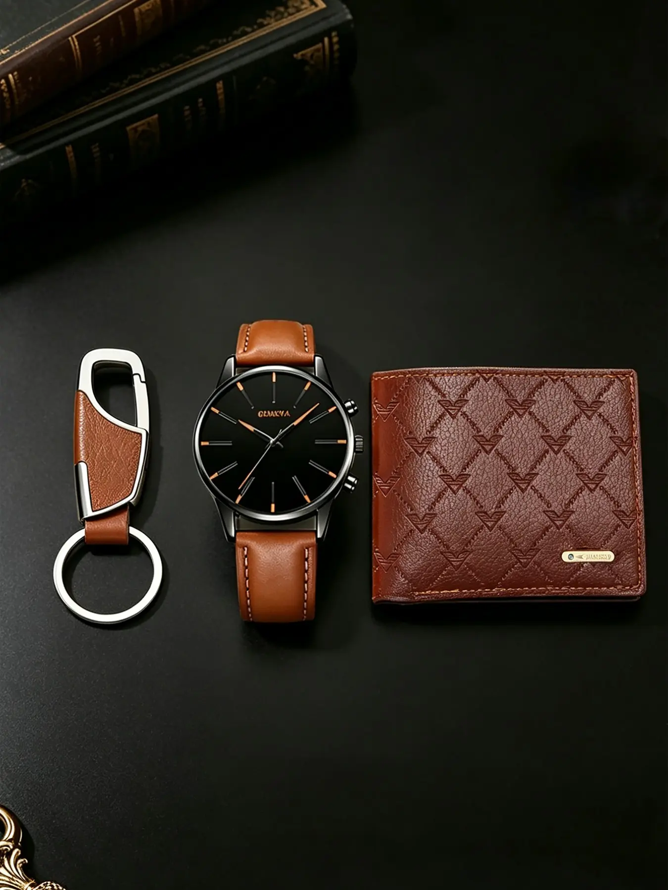 3 Piece Set Casual Business Leather Strap Men's Quartz Watch, Coin Purse and Keychain, Father's Day Gift, Fashionable Round Face, 39mm