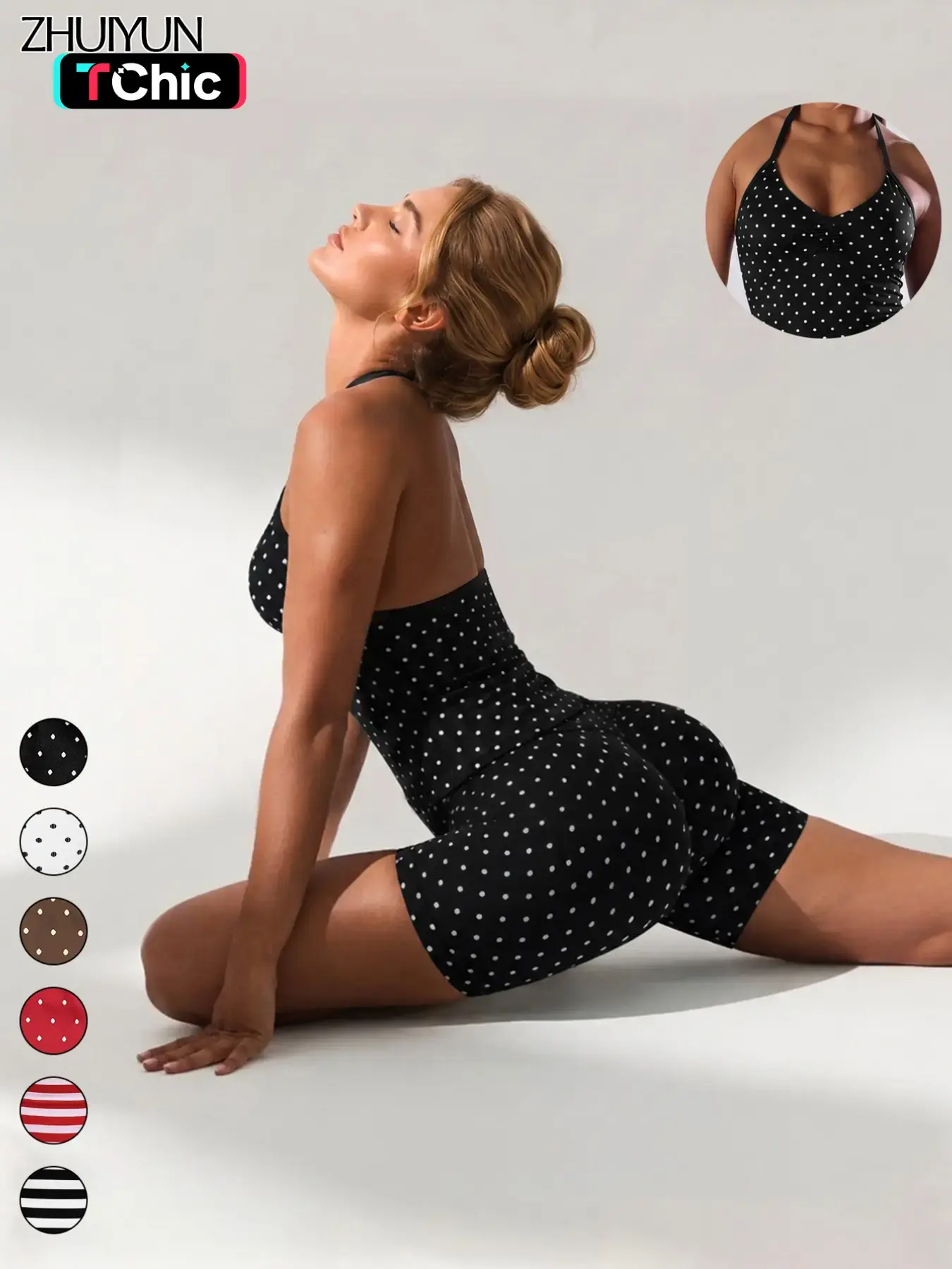 Fashion Sporty Fitness Set, New Polka Dot Striped Halter Tank Top with Shorts, Quick Dry Summer Gym Yoga Running